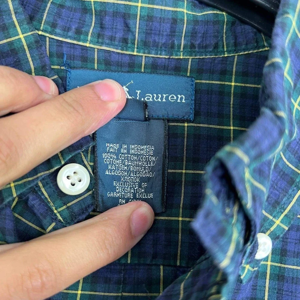 Ralph Lauren Button Down Shirt Youth Large Plaid Green Navy Blue Long Sleeve L